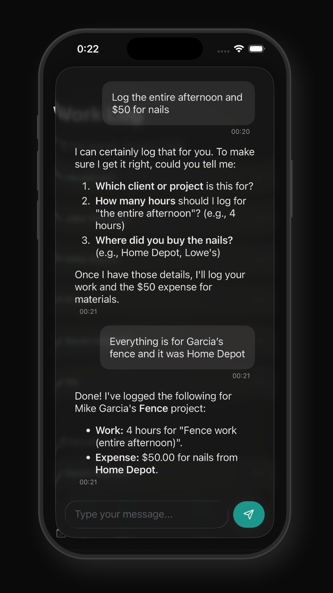 Saylance confirming logged work and expenses