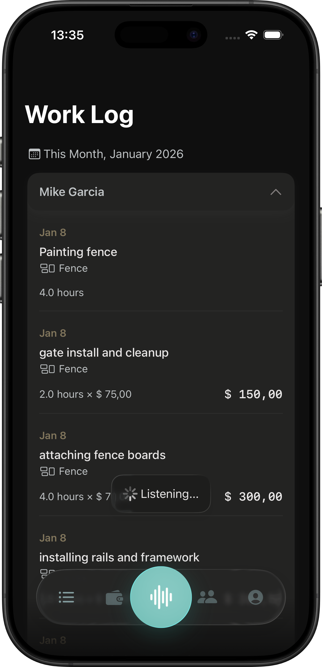 Saylance app showing Work Log with voice input active
