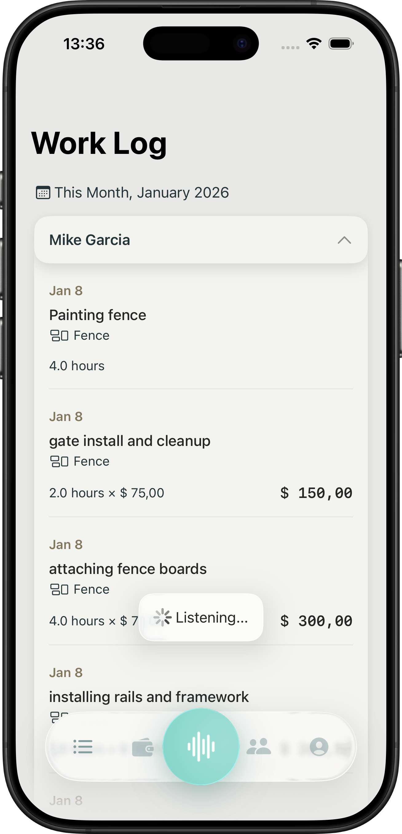 Saylance app showing Work Log with voice input active